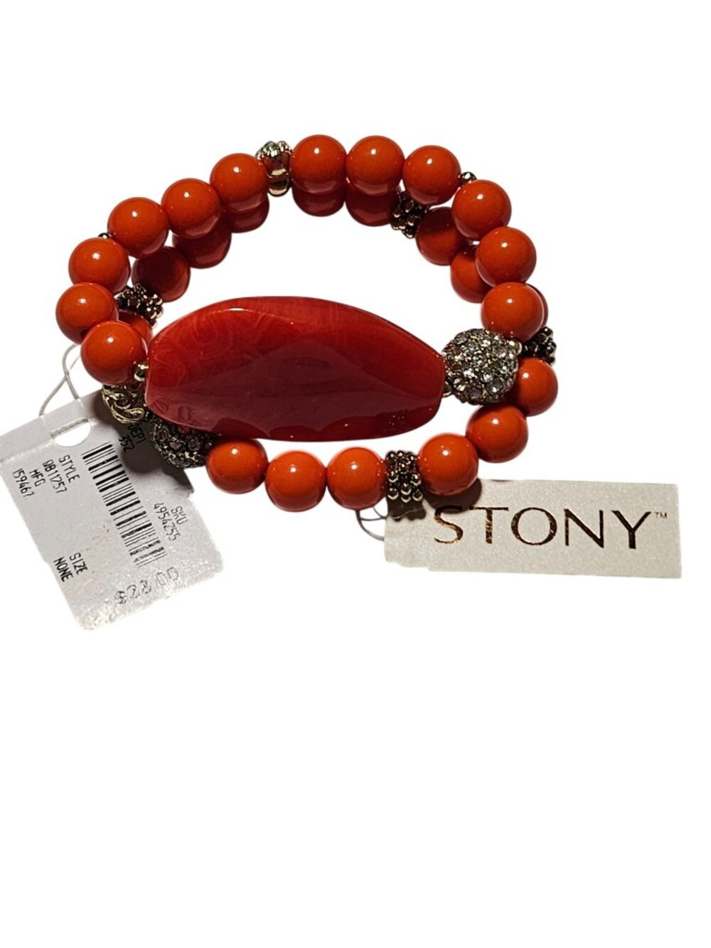 Stony Chunky Beaded Bracelet Multi Strand Red Orange Rhinestone Pave Boho Women